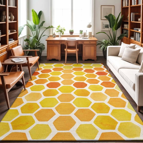 5'x7' Area Rugs, Orange Yellow Hexagon Indoor Outdoor Area Rug for Living Room Bedroom, Summer Farmhouse Abstract Geometric Washable Bathroom Rugs Kitchen Floor Carpet Mats Home Decor Aesthetic