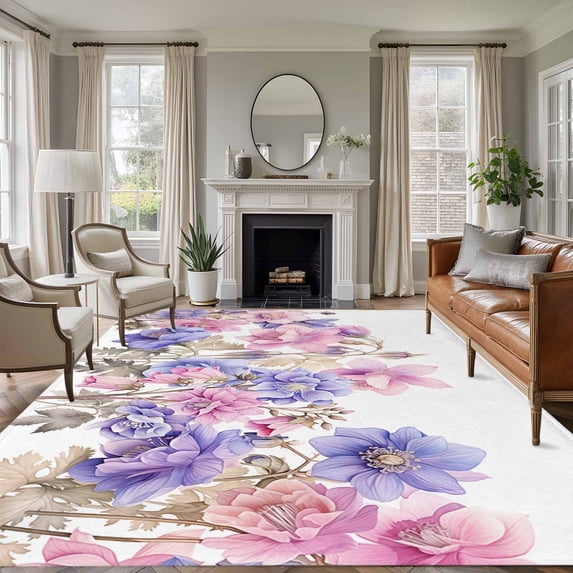 5'x7' Area Rugs, Pink Blue Spring Floral Indoor Outdoor Area Rug for Living Room Bedroom, Summer Flower Botanical Washable Bathroom Rugs Kitchen Floor Carpet Mats Home Decor Aesthetic