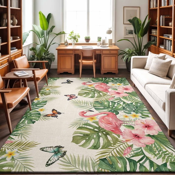 5'x7' Area Rugs, Pink Flamingo Indoor Outdoor Area Rug for Living Room Bedroom, Summer Tropical Palm Leaves Floral Rustic Washable Bathroom Rugs Kitchen Floor Carpet Mats Home Decor Aesthetic