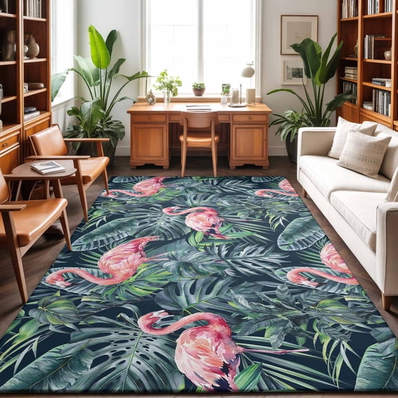 5'x7' Area Rugs, Pink Flamingo Indoor Outdoor Area Rug for Living Room Bedroom, Summer Watercolor Tropical Green Palm Leaves Washable Bathroom Rugs Kitchen Floor Carpet Mats Home Decor Aesthetic