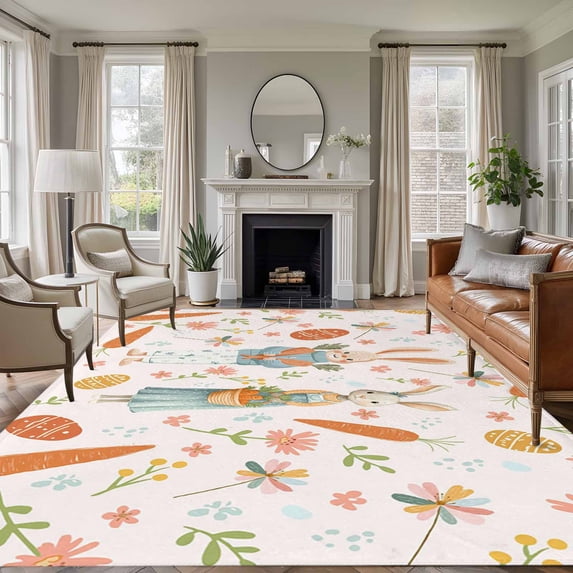 5'x7' Area Rugs, Pink Spring Easter Indoor Outdoor Area Rug for Living Room Bedroom, Bunny Carrots Eggs Floral Botanical Washable Bathroom Rugs Kitchen Floor Carpet Mats Home Decor Aesthetic