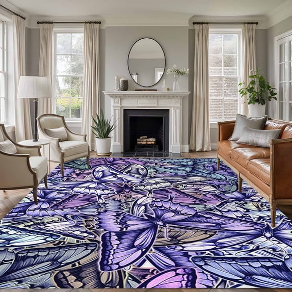 5'x7' Area Rugs, Purple Blue Teal Butterfly Indoor Outdoor Area Rug for Living Room Bedroom, Modern Abstract Art Washable Bathroom Rugs Kitchen Floor Carpet Mats Home Decor Aesthetic