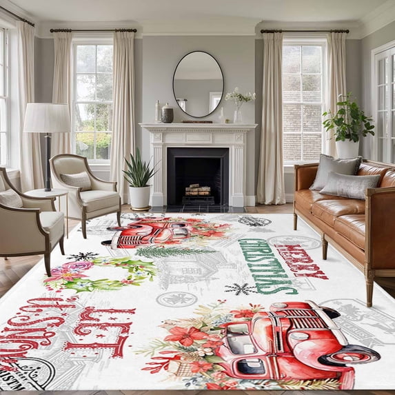 5'x7' Area Rugs, Red Truck Christmas Indoor Outdoor Area Rug for Living Room Bedroom, Xmas Tree Botanical Wreath Retro Washable Bathroom Rugs Kitchen Floor Carpet Mats Home Decor Aesthetic