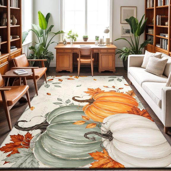 5'x7' Area Rugs, Sage Green Pumpkins Indoor Outdoor Area Rug for Living Room Bedroom, Thanksgiving Leaves Beige Fall Washable Bathroom Rugs Kitchen Floor Carpet Mats Home Decor Aesthetic