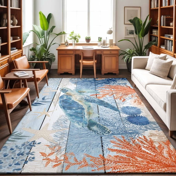 5'x7' Area Rugs, Sea Turtle Coastal Indoor Outdoor Area Rug for Living ...