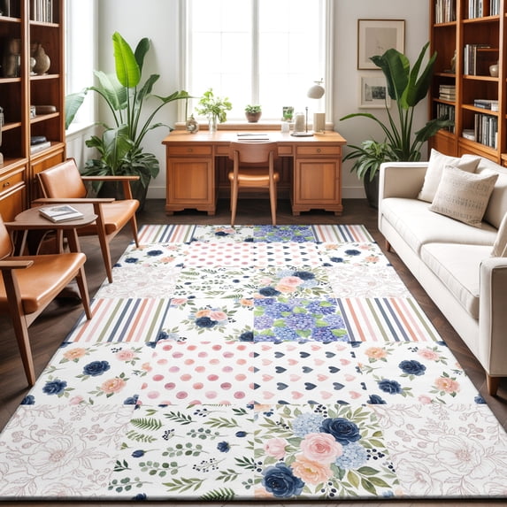 5'x7' Area Rugs, Spring Floral Checkered Indoor Outdoor Area Rug for Living Room Bedroom, Elegant Pastoral Botanical Washable Bathroom Rugs Kitchen Floor Carpet Mats Home Decor Aesthetic