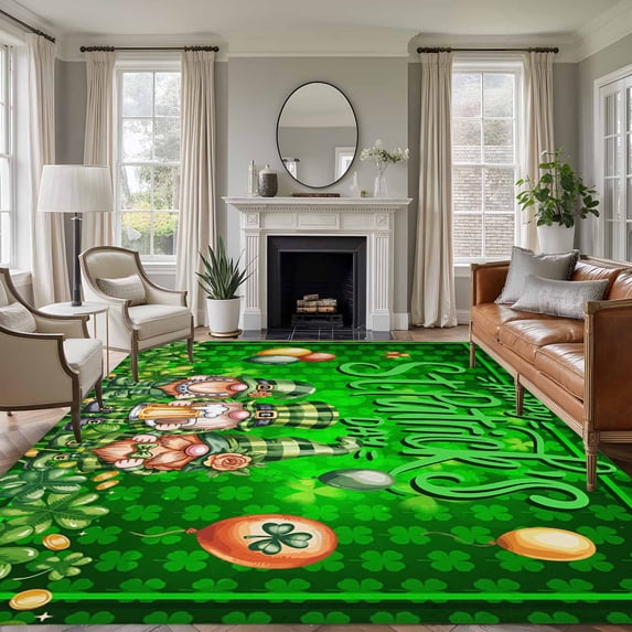 5'x7' Area Rugs, St. Patrick's Day Indoor Outdoor Area Rug for Living Room Bedroom, Green Gnomes Shamrock Botanical Spring Washable Bathroom Rugs Kitchen Floor Carpet Mats Home Decor Aesthetic