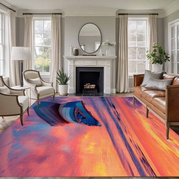 5'x7' Area Rugs, Summer Beach Indoor Outdoor Area Rug for Living Room Bedroom, Boat Gradient Orange Sunset Natural Scenery Washable Bathroom Rugs Kitchen Floor Carpet Mats Home Decor Aesthetic