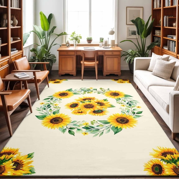 5'x7' Area Rugs, Sunflowers Farmhouse Indoor Outdoor Area Rug for Living Room Bedroom, Summer Botanical Floral Leaves Washable Bathroom Rugs Kitchen Floor Carpet Mats Home Decor Aesthetic