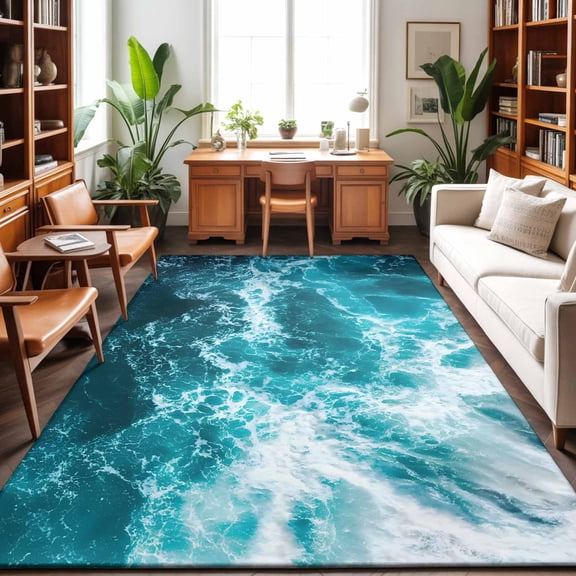 5'x7' Area Rugs, Teal Ocean Indoor Outdoor Area Rug for Living Room Bedroom, Modern Summer Coastal Nautical Sea Waves Washable Bathroom Rugs Kitchen Floor Carpet Mats Home Decor Aesthetic