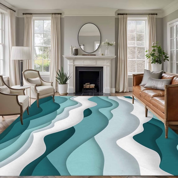 5'x7' Area Rugs, Turquoise Ombre Indoor Outdoor Area Rug for Living Room Bedroom, Modern Geometric Moire Abstract Art Washable Bathroom Rugs Kitchen Floor Carpet Mats Home Decor Aesthetic