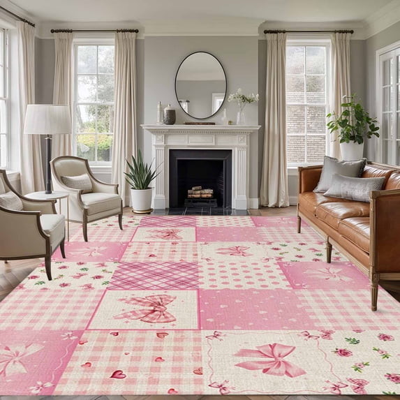 5'x7' Area Rugs, Valentine's Day Indoor Outdoor Area Rug for Living Room Bedroom, Pink Bows Vintage Plaid Romantic Roses Washable Bathroom Rugs Kitchen Floor Carpet Mats Home Decor Aesthetic