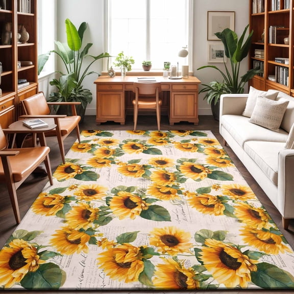 5'x7' Area Rugs, Vintage Sunflowers Indoor Outdoor Area Rug for Living Room Bedroom, Farmhouse Flowers Botanical Washable Bathroom Rugs Kitchen Floor Carpet Mats Home Decor Aesthetic