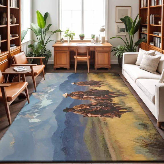 5'x7' Area Rugs, Western Cowboy Indoor Outdoor Area Rug for Living Room Bedroom, Mountain Sky Grass Nature Scenery Washable Bathroom Rugs Kitchen Floor Carpet Mats Home Decor Aesthetic