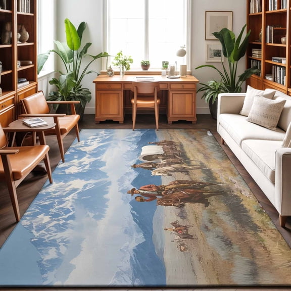 5'x7' Area Rugs, Western Cowboys Indoor Outdoor Area Rug for Living Room Bedroom, Mountain Grass Sky Natural Scenery Washable Bathroom Rugs Kitchen Floor Carpet Mats Home Decor Aesthetic