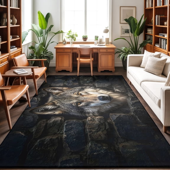 5'x7' Area Rugs, Wolf Indoor Outdoor Area Rug for Living Room Bedroom, Mysterious Black Dark Stones Gray Brown Washable Bathroom Rugs Kitchen Floor Carpet Mats Home Decor Aesthetic
