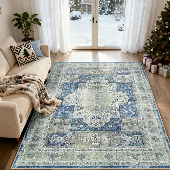 NewBuros Boho 5'x7' Area Rugs for Living Room, Washable Rugs Non-Slip Stain Resistant, Soft No-Pile Vintage Distressed Indoor Carpet for Bedroom Dining Room, Blue