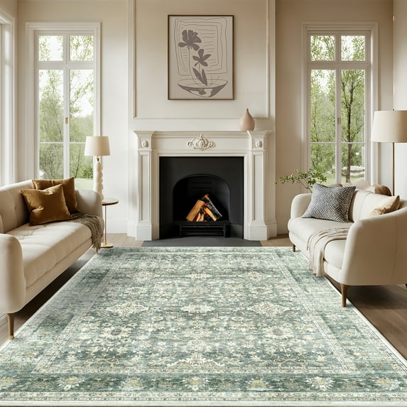 5'x7' Area Rugs for Living Room Vintage Indoor Rug Low Pile Non Slip Carpet for Bedroom Dining Room Office Home Decor, Green