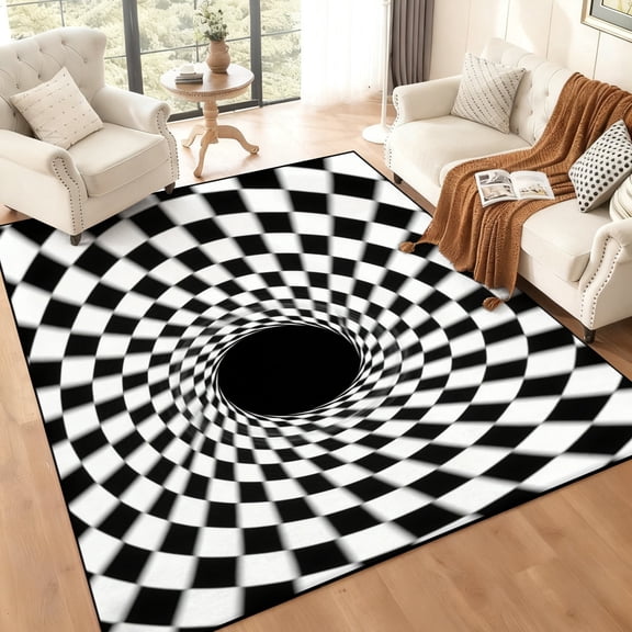 5'x7' Black White Checkered 3D Circular Vortex Optical Illusion Area Rug Abstract Geometric Printed Bed Room Home Carpet Non-Slip Floor Mat
