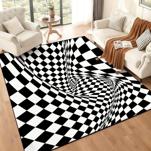 5'x7' Black White Checkered 3D Curved Sinkhole Optical Illusion Area Rug Abstract Geometric Printed Bed Room Home Carpet Non-Slip Floor Mat