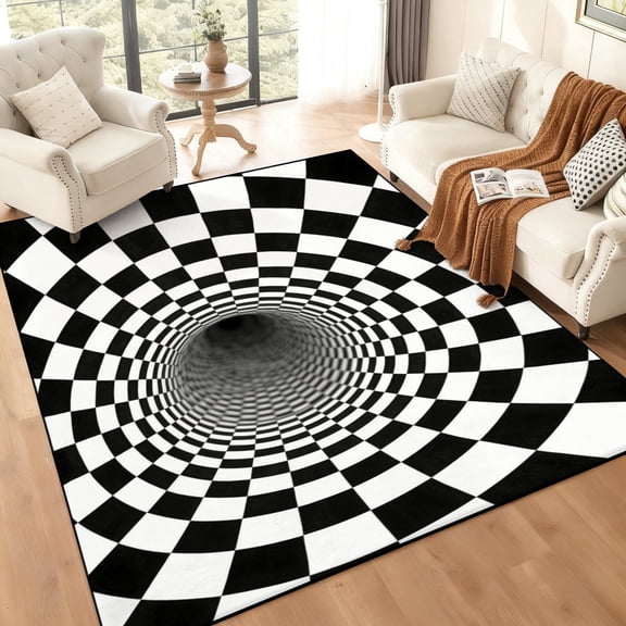 5'x7' Black White Checkered 3D Tunnel Optical Illusion Area Rug Abstract Geometric Printed Bed Room Home Carpet Non-Slip Floor Mat