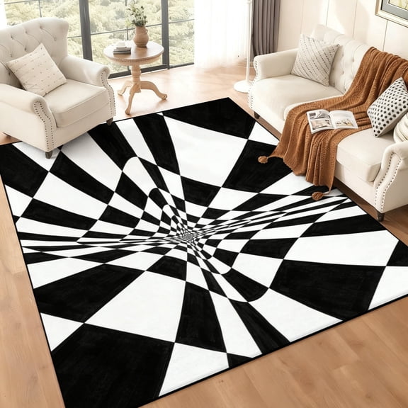 5'x7' Black White Checkered 3D Vortex Optical Illusion Area Rug Abstract Geometric Printed Bed Room Home Carpet Non-Slip Floor Mat