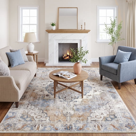 5'x7' Bohemian Area Rug, Machine Washable, Non-Slip, Low Pile, Lightweight, Printed Pattern Rug, Vintage Floral Boho Decor for Living Room Bedroom Dining Room Office (Camel)