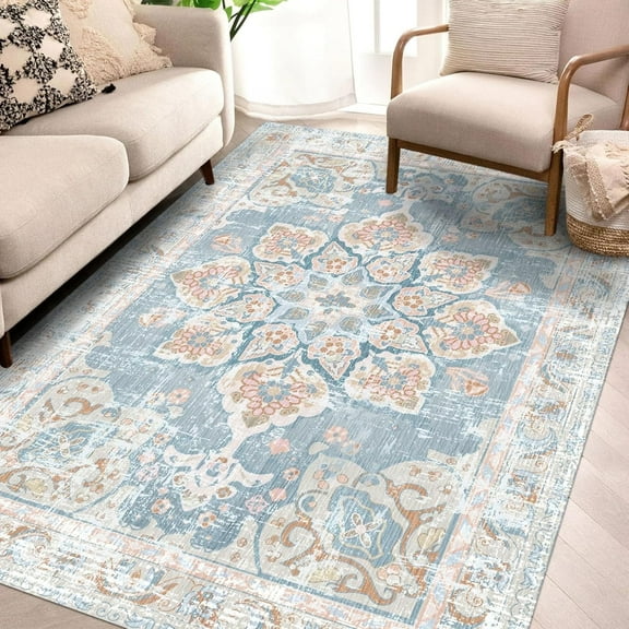 5'x7' Bohemian Floral Medallion Area Rug,Oriental Distressed Large Bedroom Rug, Soft Non-Slip Washable Dining Room Mat Indoor Throw Floor Carpet for Guest Room Entryway