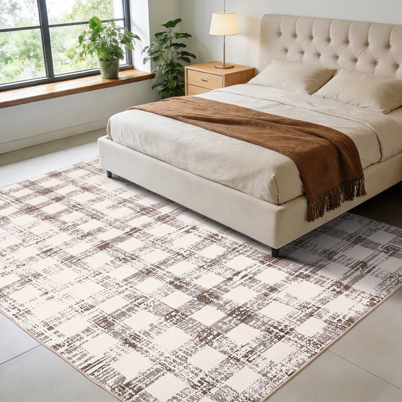 5'x7' Checkered Area Rug, Washable Modern Geometric Rug, Soft Low-Pile Carpet with Non-Slip Backing for Bedroom, Living Room, Dining Room, Beige