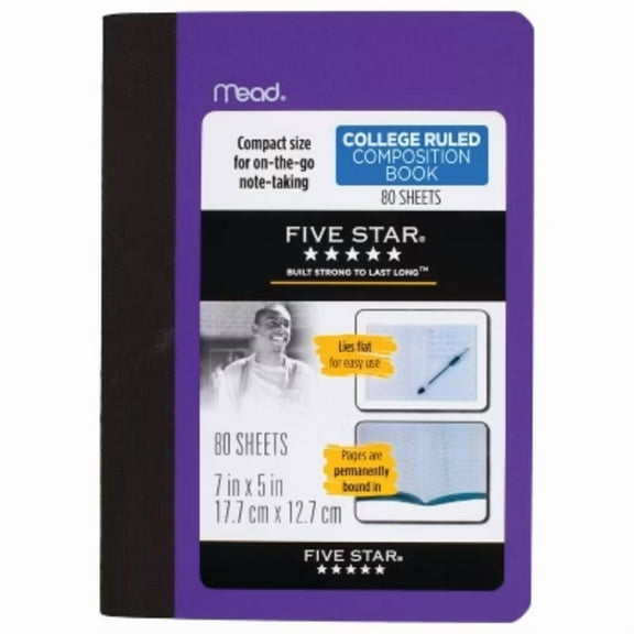 5"x7" Composition Book Assorted Colors: Five Star Lined Paper, 80 Pages, Hard Cover, College Rule, Non-Toxic