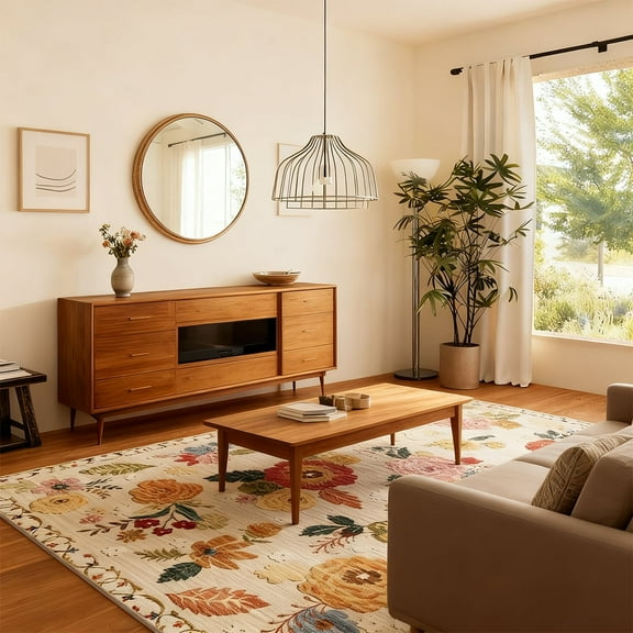 5'x7' Floral Living Room Rug, Soft Washable Area Rug 5'x7', Stain-resistant Non-slip Bohemian Bedroom Rug, Beige Floral