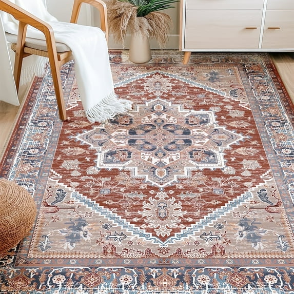 5'x7' Area Rugs, Machine Washable Non Slip Area Rug for Living Room, Soft Low Pile Vintage Print Pattern Indoor Bedroom Thin Carpet, Brick Red