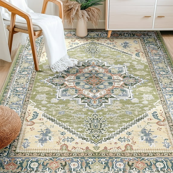 5'x7' Area Rugs, Machine Washable Non Slip Area Rug for Living Room, Soft Low Pile Vintage Print Pattern Indoor Bedroom Thin Carpet, Green