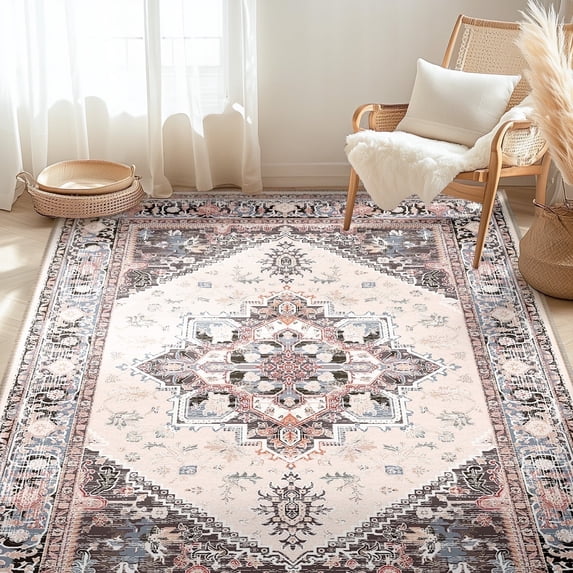5'x7' Area Rugs, Machine Washable Non Slip Area Rug for Living Room, Soft Low Pile Vintage Print Pattern Indoor Bedroom Thin Carpet, Khaki