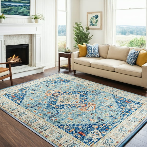 5'x7' Machine Washable Persian Indoor Area Rugs Vintage Distressed Thin Rug Non Slip Carpet for Living Room Kitchen Dining Room,Light Blue
