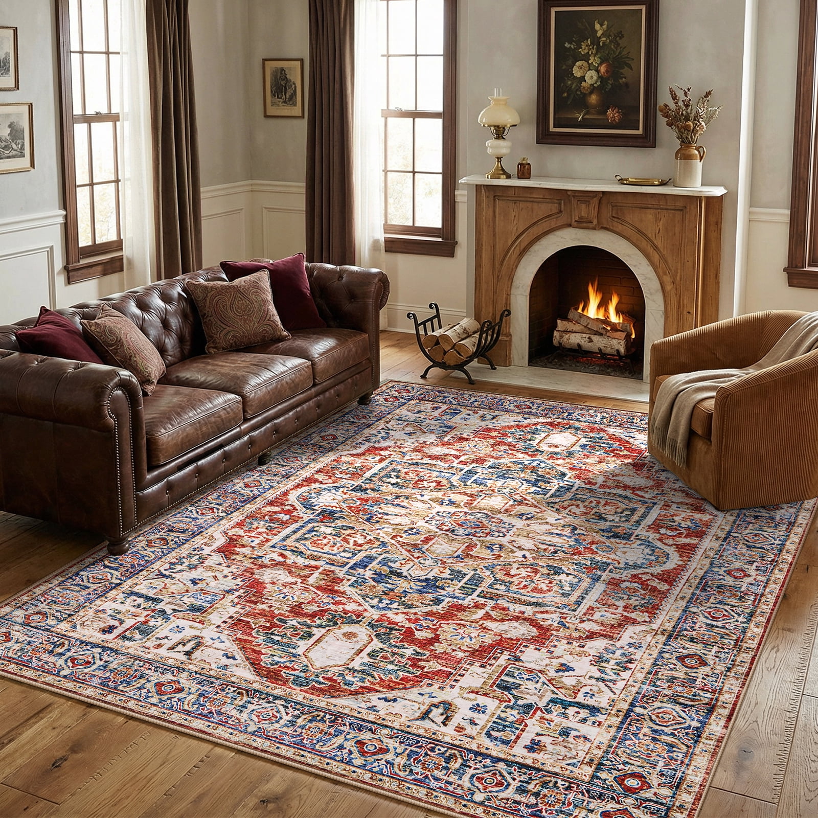 CHITOOMA, 5'x7' Boho Area Rug, Red, Machine Washable, Safety Backing ...