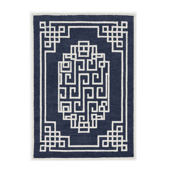 5'x7' Navy Blue Ivory Hand Tufted Bordered Greek Key Indoor Area Rug