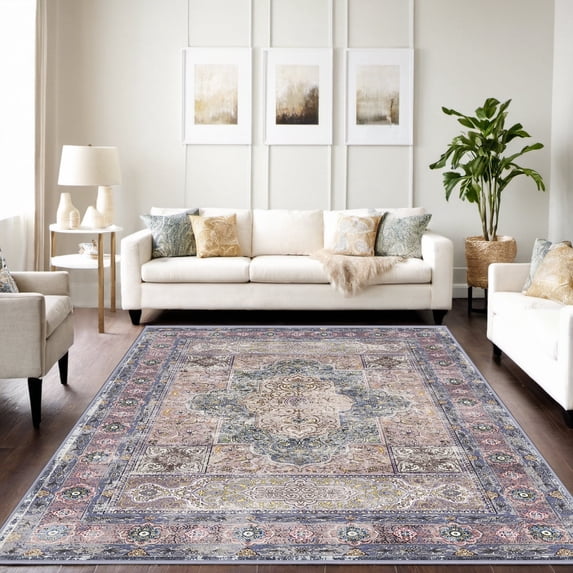 5'x7' Traditional Area Rugs for Living Room, Non-Slip Indoor Thin Carpet for Bedroom, Foldable Persian Medallion Rugs,Purple