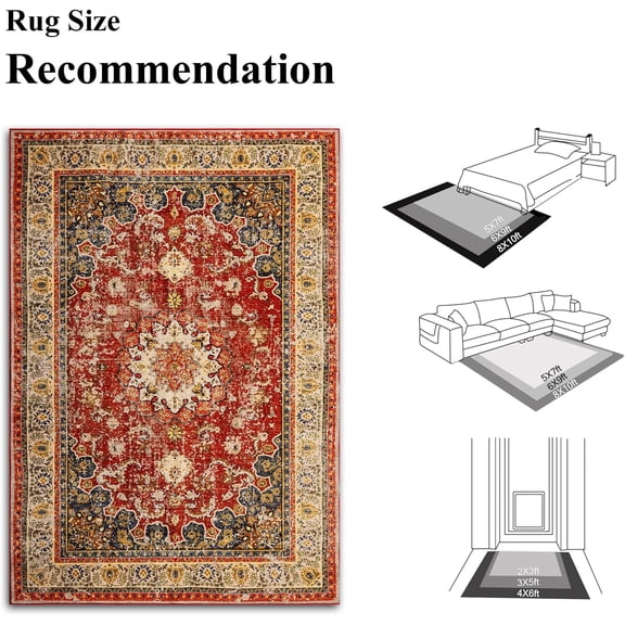 5'x7' Washable Area Rug - Red, Indoor Vintage Living Room Carpet