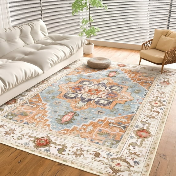 GPED 5'x7' Washable Area Rugs for Living Room, Low Pile Soft Vintage Print Rug, Non Slip Floor Carpet for Bedroom, Dining Room, Home Office, Beige