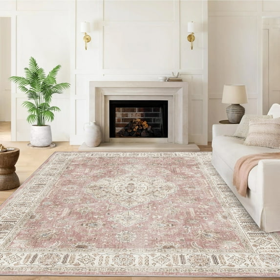 5’x7’Washable Area Rugs for Living Room Non Slip Low Pile Vintage Carpets Pink