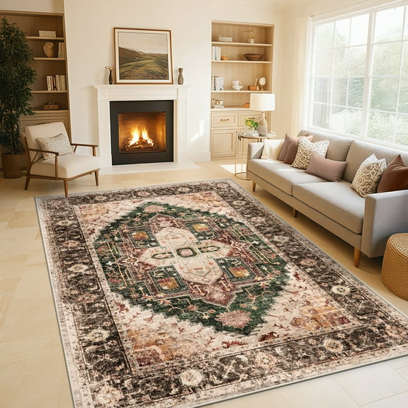 5'x7' Washable Area Rugs for Living Room,Traditional Vintage Thin Rugs,Non-Slip Persian Carpet,Brown Green