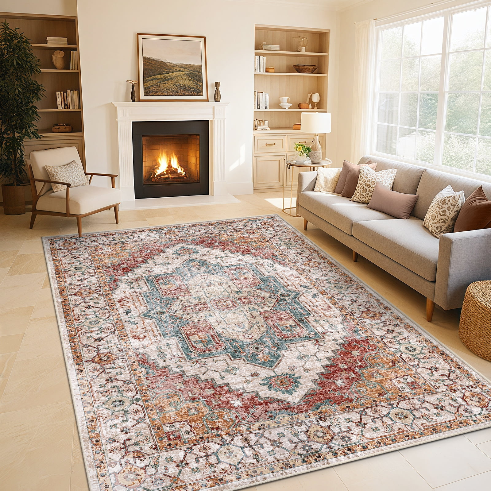 5'x7' Washable Area Rugs for Living Room,Traditional Vintage Thin Rugs,Non-Slip Persian Carpet,Orange-Brown