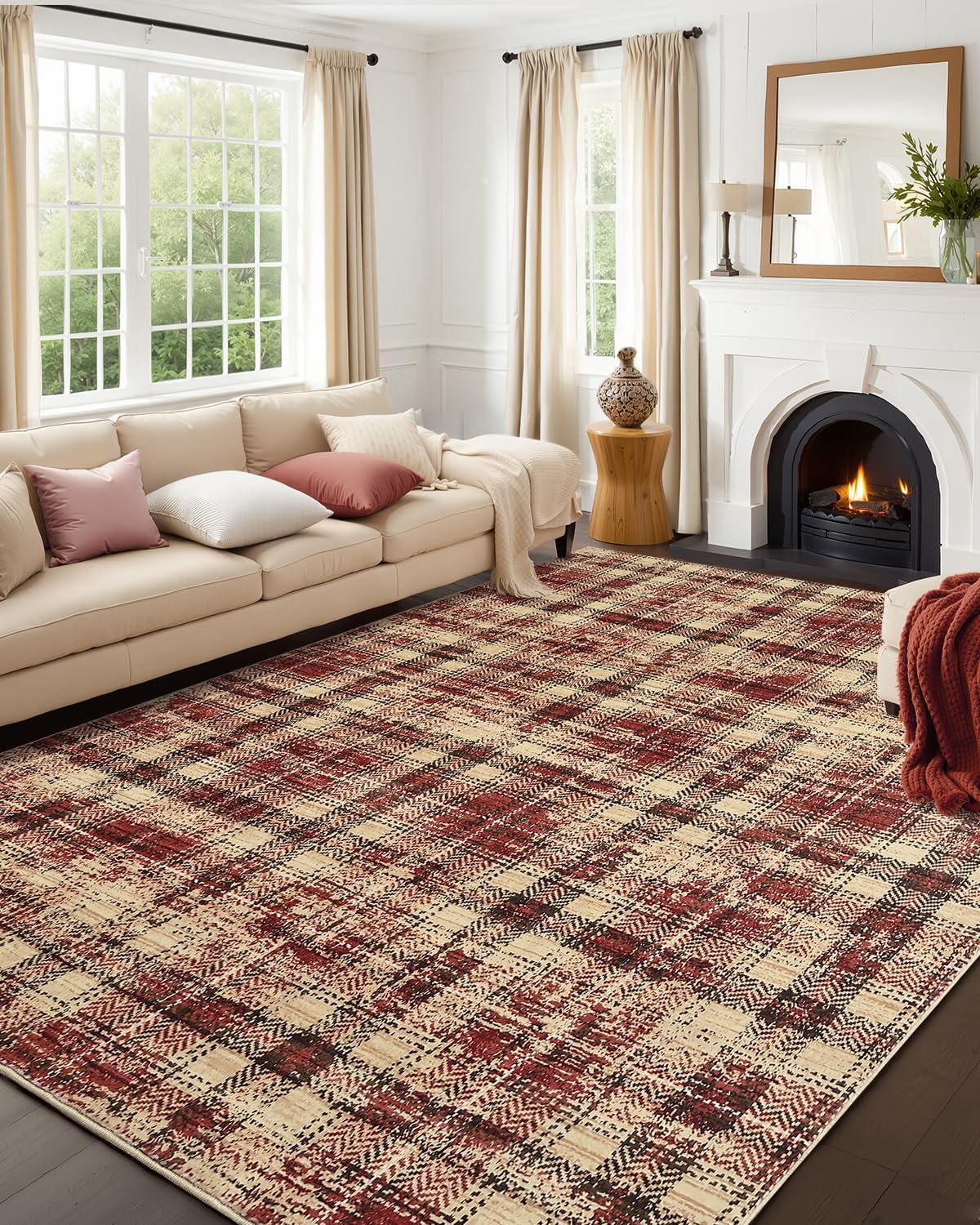 5'x7' Washable Tartan Plaid Area Rug, Non Slip Non Shedding Stain Resistant Soft Pearl Velvet Indoor Rug, Luxury Plaid Floor Mat for Living Room Bedroom Nursery Office, Red
