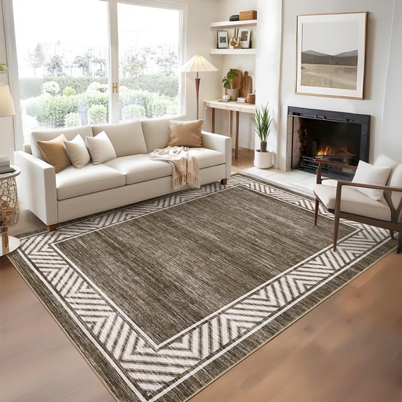 5'x7' ZACOO Chevron Border Machine Washable Area Rug Low‑Pile Non‑Shedding Foldable Stain Resistant Carpet for Living Room Foyer Dining Room , Brown