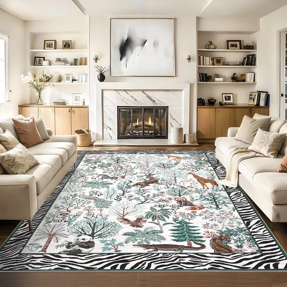 5'x7' ZACOO Forest Scene Foldable Stain & Mark Resistant Indoor Area Rug Machine Washable Non-Slip Carpet for Living Room Bedroom Dining Room Office , Beige