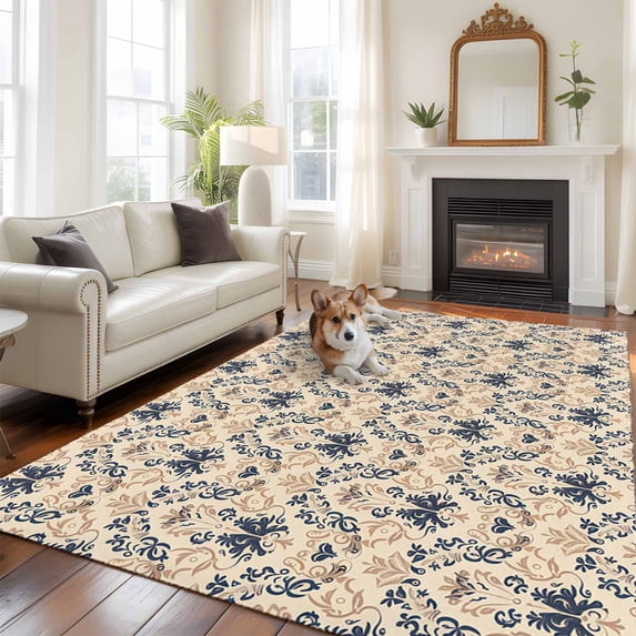 5'x8' Area Rugs, Beige Baroque Indoor Outdoor Area Rug for Living Room Bedroom, Vintage European Floral Pattern Washable Bathroom Rugs Kitchen Floor Carpet Mats Home Decor Aesthetic