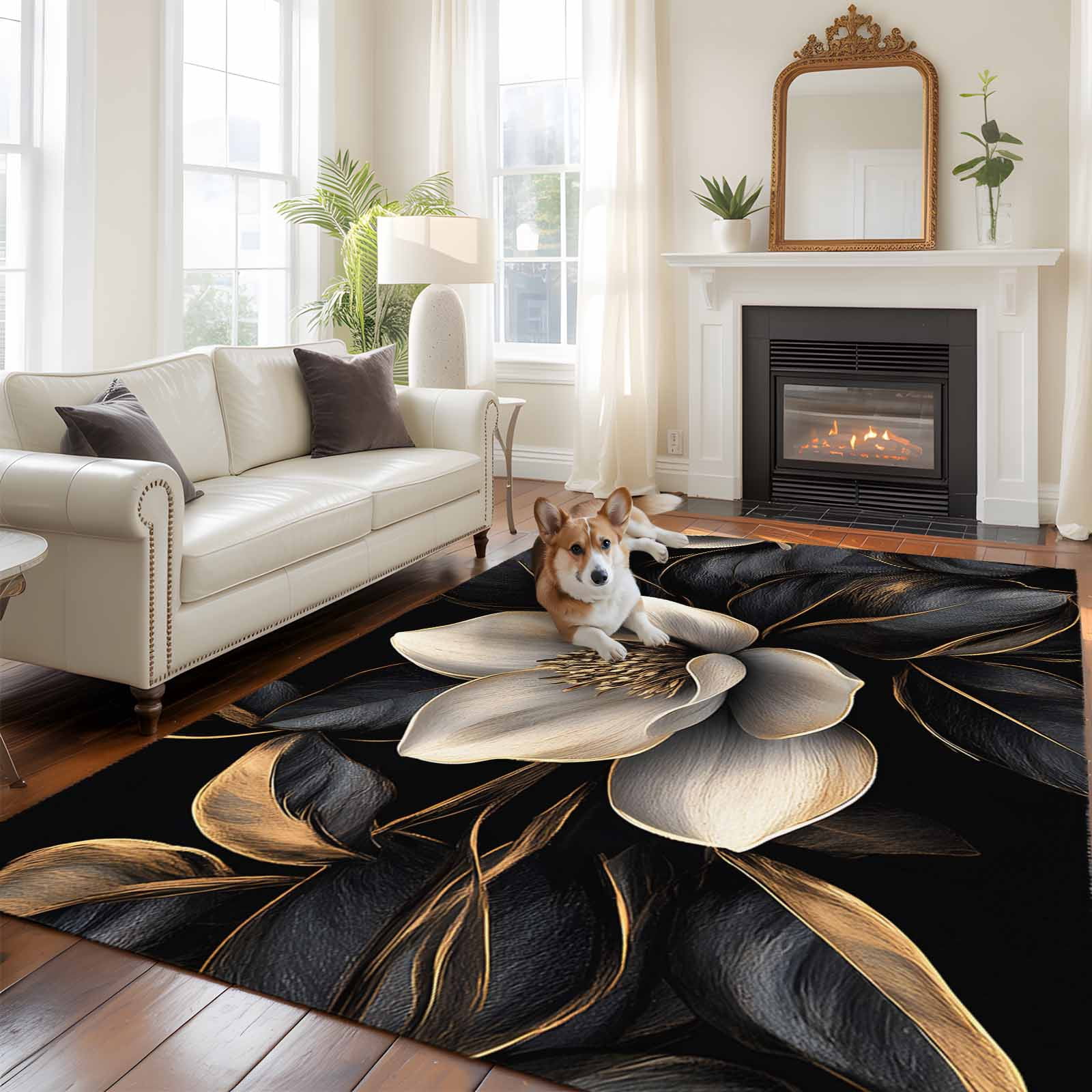 5'x8' Area Rugs, Black Gold Flower Indoor Outdoor Area Rug for Living Room Bedroom, Gradient Luxurious Floral Botanical Washable Bathroom Rugs Kitchen Floor Carpet Mats Home Decor Aesthetic