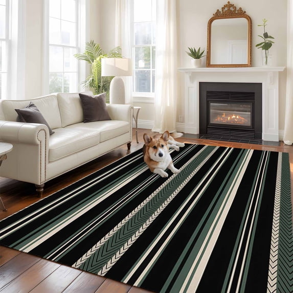 5'x8' Area Rugs, Black Green Beige Indoor Outdoor Area Rug for Living Room Bedroom, Boho Farmhouse Vintage Abstract Striped Washable Bathroom Rugs Kitchen Floor Carpet Mats Home Decor Aesthetic