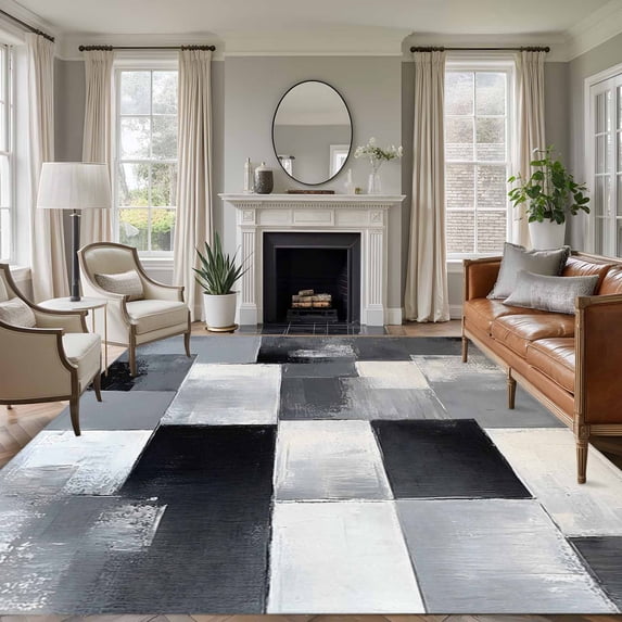 5'x8' Area Rugs, Black Grey Geometric Indoor Outdoor Area Rug for Living Room Bedroom, Modern Abstract Art Washable Bathroom Rugs Kitchen Floor Carpet Mats Home Decor Aesthetic